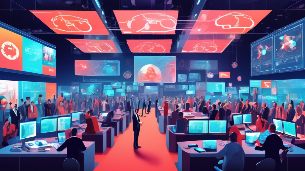 Digital illustration of a virtual auction with IT World Canada's digital assets displayed on virtual screens, surrounded by bidders from around the world in a futuristic online marketplace setting.