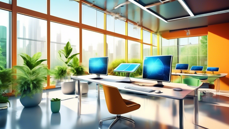 An array of sleek, futuristic devices showcasing next-generation energy-efficient technologies in a modern workspace setting, with solar panels visible through large glass windows and hints of plant l