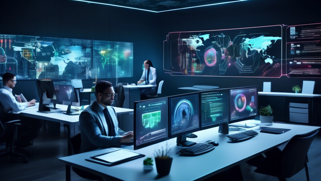 Create an image of a modern, high-tech office environment with cybersecurity professionals gathered around a central computer screen displaying advanced EDR (Endpoint Detection and Response) software.