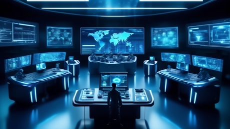 Create an image depicting a futuristic control room that is enhanced with advanced AI technology for security purposes. The room is filled with large, glowing screens displaying real-time data and sop