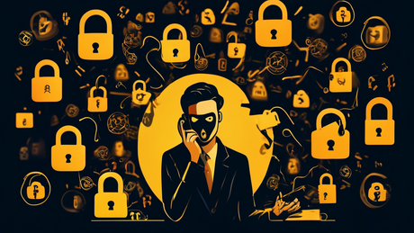 A person looking confused and worried while answering a phone call, surrounded by digital symbols of locks breaking and a shadowy figure with a hacker’s mask in the background, with a floating Apple logo enveloped in a caution sign.
