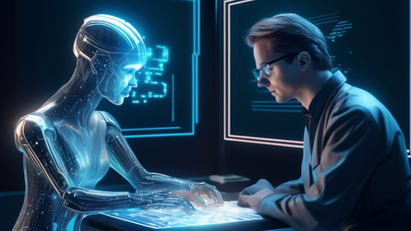 A futuristic artificial intelligence, resembling Microsoft's logo, tutoring a human on writing SQL commands on a holographic computer screen.