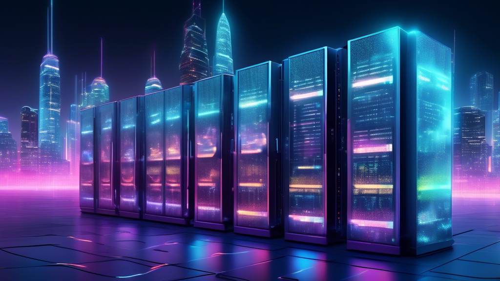 An ultra-modern data center filled with glowing servers and holographic interfaces, set against a backdrop of a futuristic city skyline at night, representing the latest in cloud storage technology fo