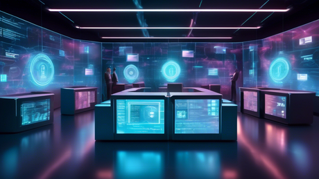 Six futuristic holographic screens floating in a cyber security operations center, each displaying a unique, innovative passwordless authentication solution for 2024.