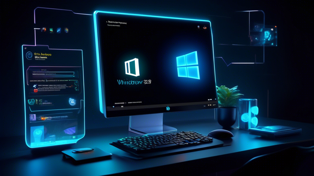 A futuristic computer interface showcasing Windows 11 Insider Preview Build 26200 on a sleek, modern desktop setup, with glowing icons and a holographic display of the Canary Channel logo.