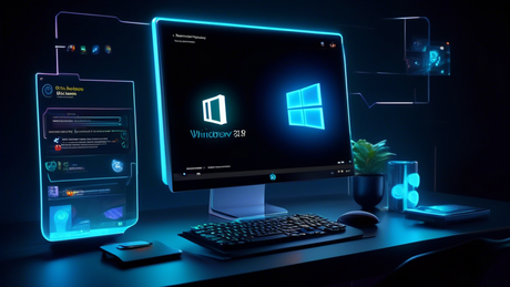 A futuristic computer interface showcasing Windows 11 Insider Preview Build 26200 on a sleek, modern desktop setup, with glowing icons and a holographic display of the Canary Channel logo.