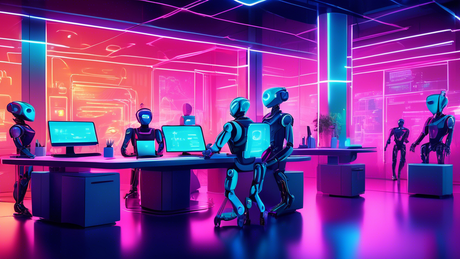 A digital artwork depicting a futuristic office space where diverse robots equipped with advanced robotic process automation (RPA) technology efficiently perform various tasks, such as data analysis a