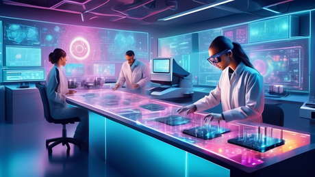 An advanced futuristic laboratory with scientists studying a holographic display of AI-optimized microprocessors, set in the year 2024, showcasing cutting-edge technology and hardware trends.