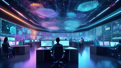A futuristic digital artwork of a network operations center filled with large screens displaying complex network maps and data flows, illustrating the advanced state of Software-Defined Networking (SD