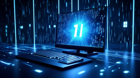 Digital artwork of a sleek, futuristic computer displaying the Windows 11 Insider Preview Build 22635.3495 logo on its screen, surrounded by light beams and binary code, emphasizing innovation and the beta channel.