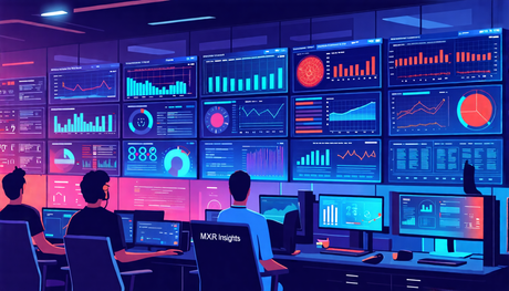 Create an image of a futuristic control room with multiple screens displaying complex data analytics. These screens show visuals of web shells and VPN activities, with graphs, code snippets, and threa