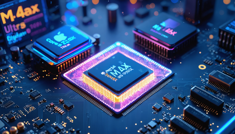 Create an image of a futuristic, sleek looking computer chip, labeled Apple M4 Max, glowing with vibrant colors. Surrounding this central chip are two other chips labeled Core Ultra 9 285K and Ryzen 9