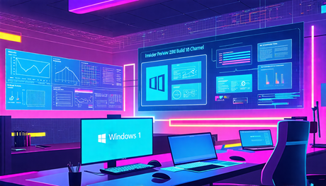 Create an image showcasing a futuristic digital workspace with multiple high-tech screens displaying vibrant, colorful interfaces. These screens should feature the Windows 11 logo alongside complex sy