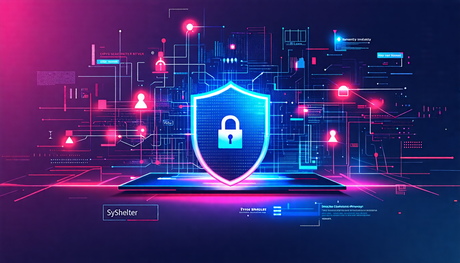 Create an image of a futuristic digital security interface titled 'SpyShelter', featuring advanced technology visuals such as a holographic shield and lock symbol, representing cutting-edge privacy pr