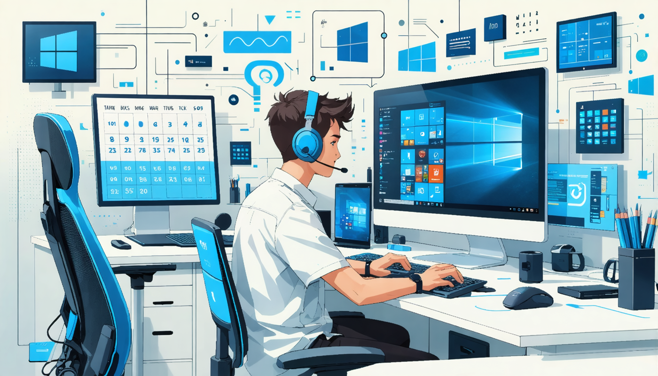 Create an illustration of a person sitting at a desk, surrounded by futuristic technology, as they confidently upgrade their computer from Windows 10 to Windows 11. The room is filled with various gad