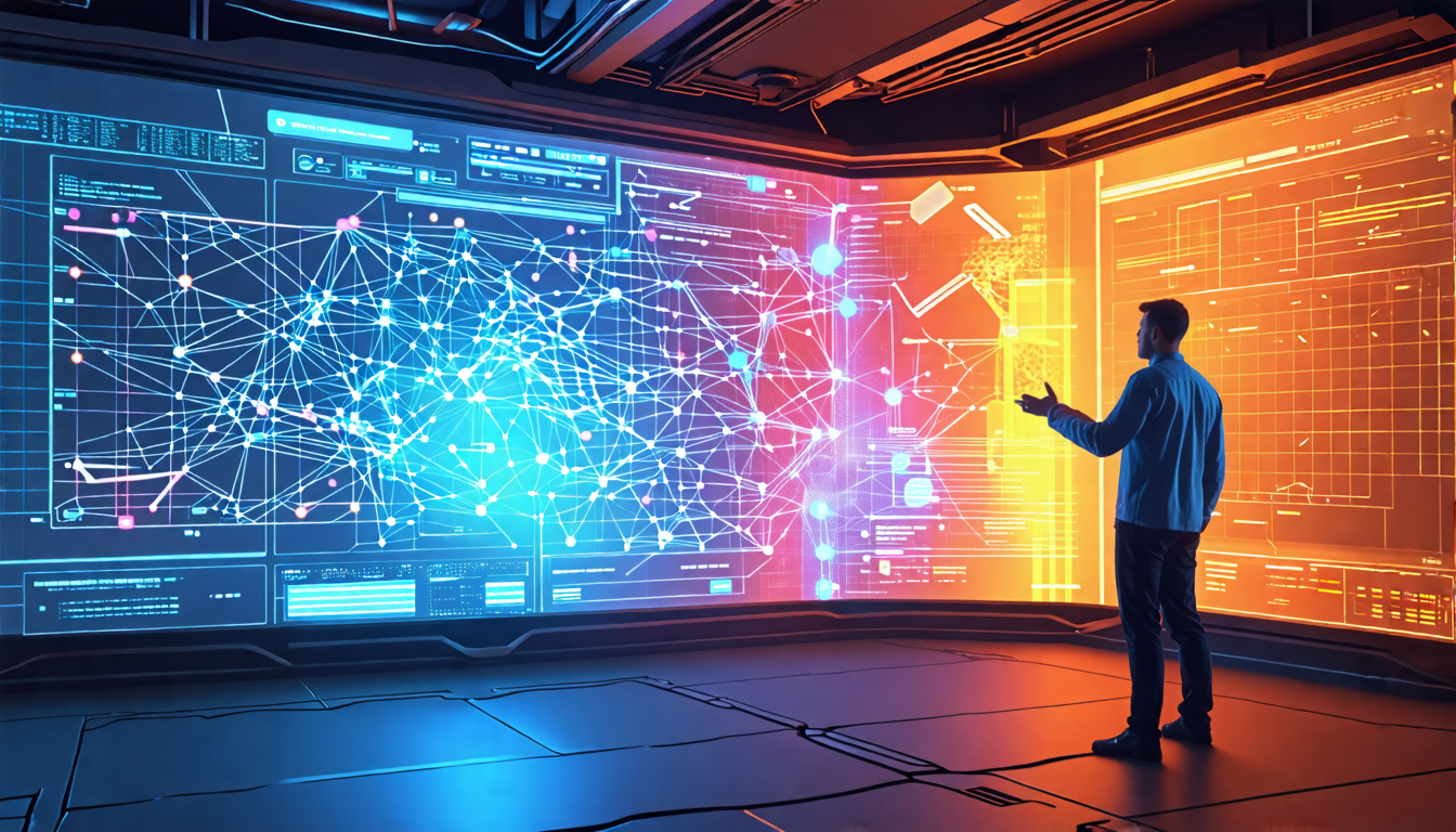 Create an image of a futuristic control room filled with holographic screens displaying a detailed, interactive 3D graph model. The graph represents an intricate network of interconnected directories 