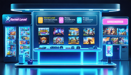 Create an image depicting a futuristic digital storefront for video games, with a prominent section highlighting security and privacy features. In the foreground, display a vibrant and colorful game c