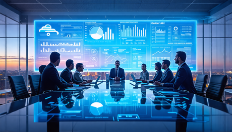 Create an image depicting a futuristic boardroom filled with diverse leaders, both human and AI, collaboratively analyzing a holographic display of the 2024 CNAPP Market Guide by Gartner. The holograp