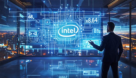 Create an image portraying a scene inside a futuristic, high-tech corporate office. In the foreground, a former Intel engineer is seen revealing a complex diagram of microprocessor architecture titled