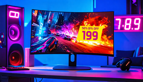 Create an image of a sleek, futuristic gaming setup showcasing Dell's 34-inch S3422DWG curved gaming monitor as the centerpiece. The monitor should display vivid and dynamic gaming graphics, highlight