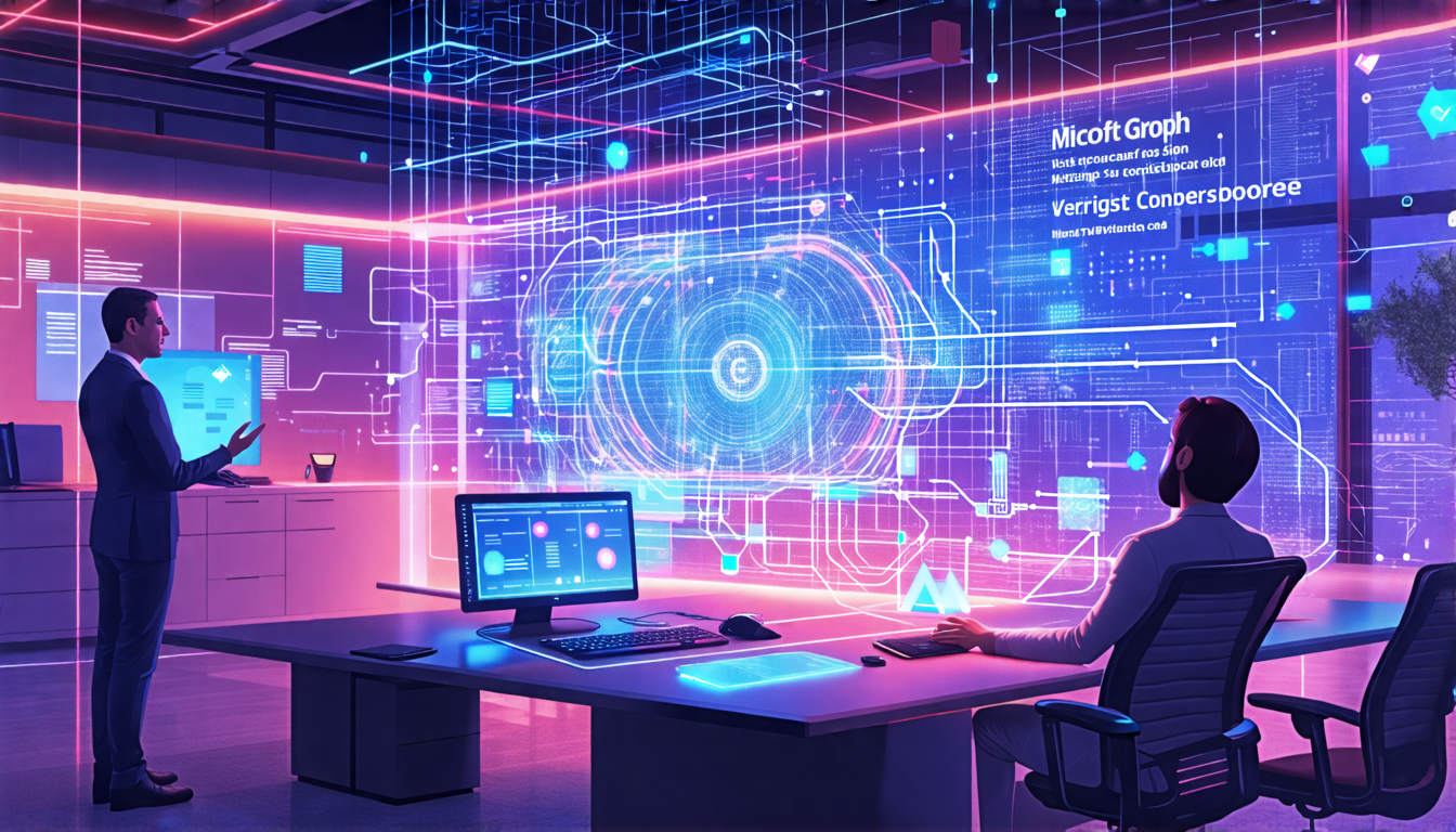 Create an image depicting a futuristic office setting where an AI assistant, represented by a holographic interface, interacts with digital documents and data streams connected to a complex network. T