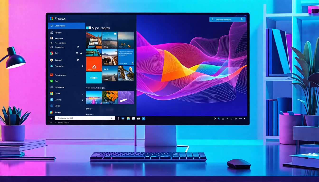 Create an image of a futuristic digital workspace showcasing a computer screen with the Microsoft Photos app open. Display the app's interface prominently, highlighting a Super Resolution feature that