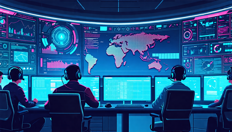 Illustrate a high-tech, futuristic control room where cybersecurity experts are uncovering the enigmatic digital elements of the Prometei botnet. The room is filled with glowing screens displaying com