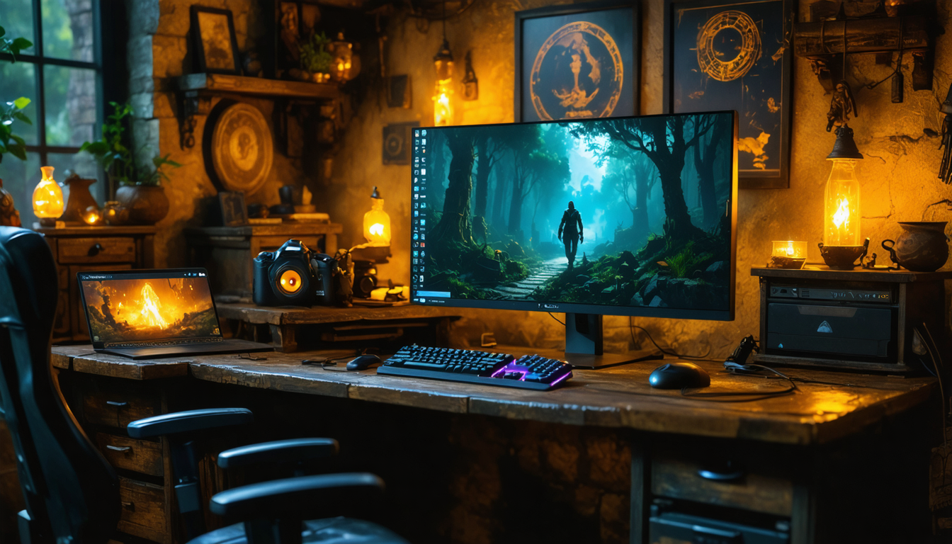 Create an imaginative scene featuring a PC gaming setup where a user is immersed in playing a game titled Indiana Jones and the Great Circle. The room is dimly lit with a soft glow emanating from a hi