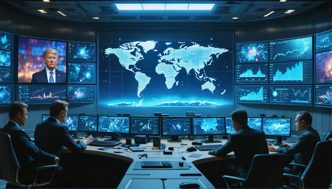 Create an image that illustrates the concept of AI Pulse: Deepfakes in Elections, Catastrophes, Fraud & More. The scene features a futuristic control room filled with numerous holographic screens disp