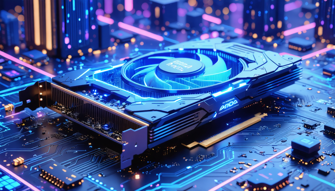 Create an image depicting a futuristic and sleek GPU design inspired by the upcoming AMD RDNA 4 architecture. The GPU should be surrounded by a glowing digital ecosystem, symbolizing advanced ray trac