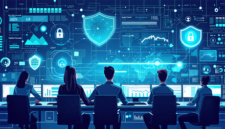 Create an image depicting a futuristic and highly-secure digital network, representing the theme of effective safeguarding as highlighted in the 2024 Microsoft Digital Security Report. The scene shoul