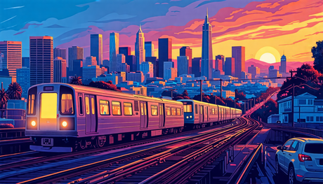 Create an imaginative and futuristic illustration of San Francisco in the process of phasing out 5.25-inch floppy disks, symbolizing the transition from outdated technology to modern advancements. In 