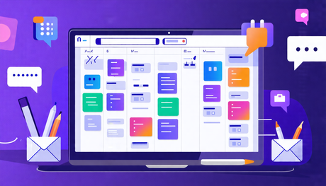 Create an image illustrating a digital planner merging features from Microsoft Teams and Outlook. The planner should display a modern interface on a computer screen, showing a calendar with colorful e