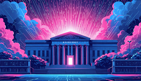 Create an image depicting the Internet Archive's iconic building, the Wayback Machine, engulfed in a digital storm, symbolizing a cyberattack. The building should be surrounded by clouds of binary cod