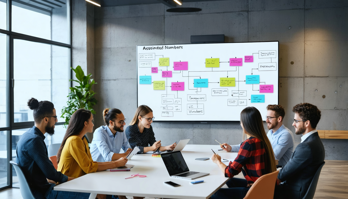 Create an image of a diverse group of professionals in a modern office setting, gathered around a conference table with a large digital screen displaying a flowchart of phone numbers. The flowchart is