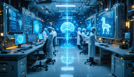 Create an image depicting a futuristic laboratory setting in China, where scientists are actively working on developing advanced military AI technology. Capture the scene with detailed computer screen