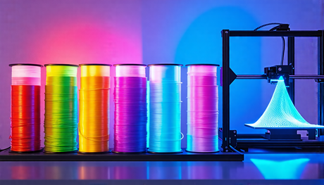 Create an image showcasing a futuristic, well-organized workspace displaying an array of 3D printing filaments for 2024. The scene includes vibrant, translucent spools of filament arranged in a gradie