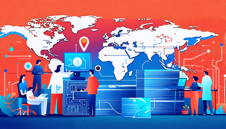 Create an illustration depicting a bustling Chinese technology innovation lab, alive with engineers and scientists designing cutting-edge semiconductor devices. In the foreground, show a stack of pate