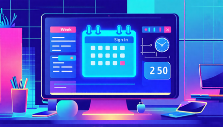 Create a digital illustration showing a futuristic login portal on a computer screen with a calendar overlay. The calendar highlights a new week and shows a recurring reminder for users to sign in eve