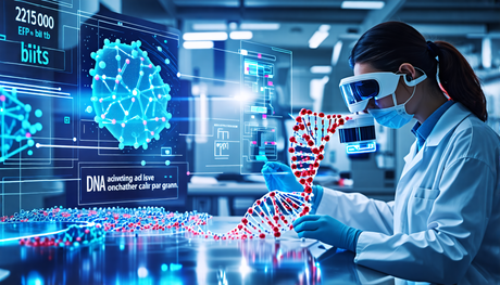 Create an image of a futuristic laboratory where scientists are using a movable-type printing technique to encode massive amounts of data onto microscopic strands of DNA. The laboratory is equipped wi