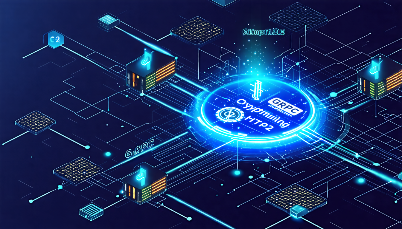 Create an image depicting a futuristic network diagram, showcasing nodes and servers interconnected by glowing digital pathways. Highlight two distinct protocols, gRPC and HTTP/2, as they channel stre