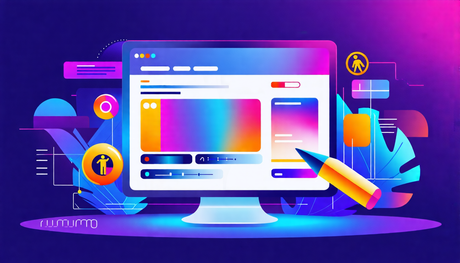 Create an image illustrating a futuristic web browser interface on a computer screen, showcasing customizable page colors and scrollbars. The screen displays a vibrant, dynamic palette where the user 