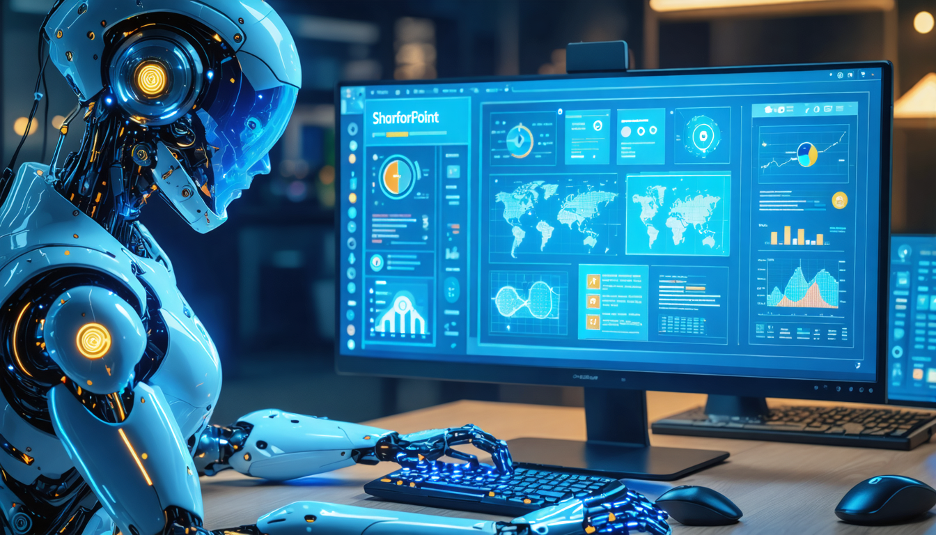 Create a digital illustration of a futuristic, AI-driven copilot agent seamlessly integrated with SharePoint Online. The agent is depicted as a friendly and intelligent holographic assistant hovering 