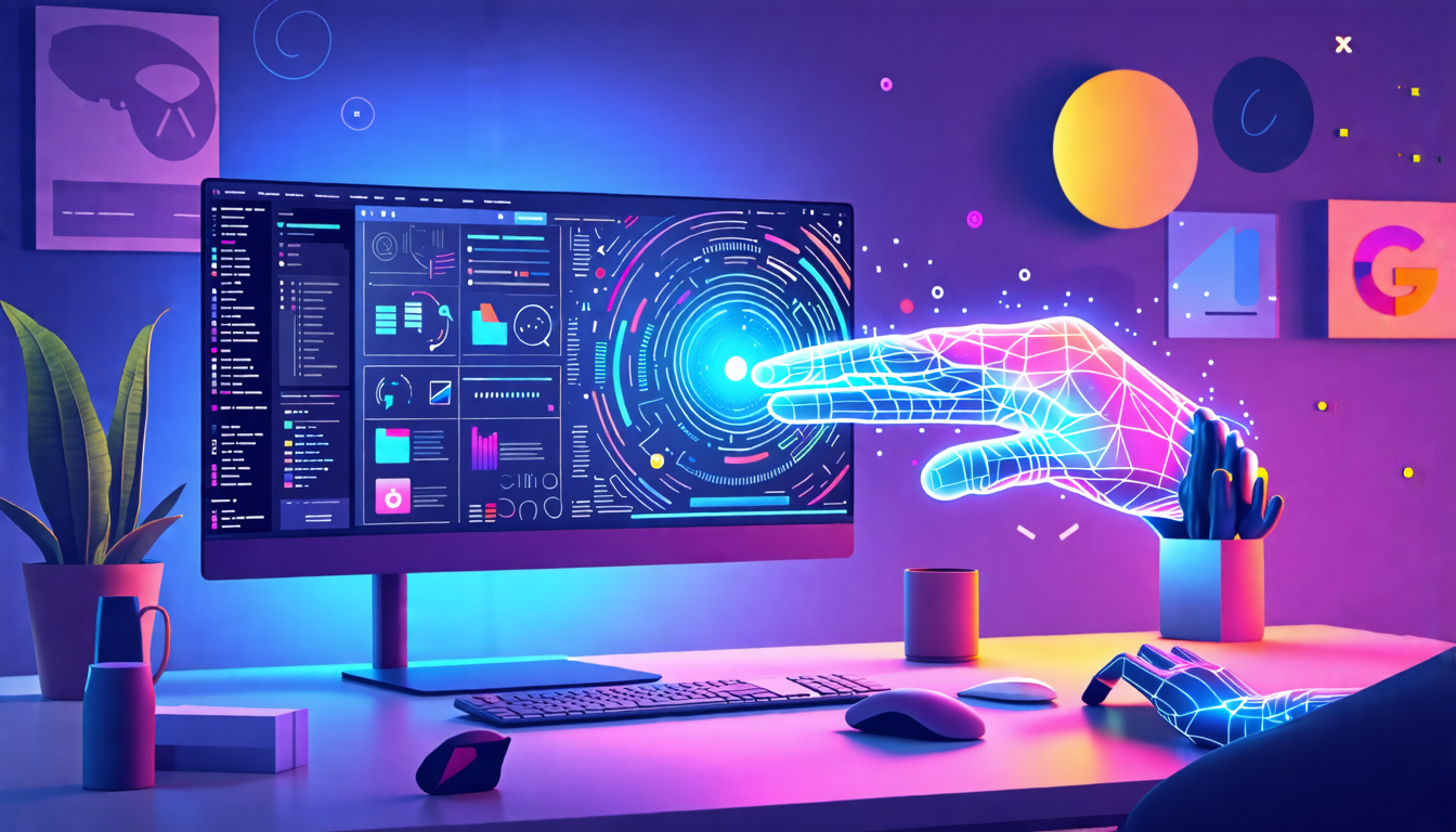 Create an image of a futuristic workspace featuring a sleek computer setup with a digital AI assistant interface glowing on the screen. The interface displays animated icons symbolizing tasks like man