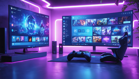 Create an image showcasing a futuristic digital interface for gaming, representing the new revamped Home experience on the Xbox app for Windows. The scene should depict gamers immersed in a sleek and 