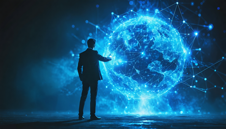 Create an image depicting a futuristic cyber network called Titan Network represented by an intricate web of glowing digital connections. In the foreground, show a shadowy figure manipulating these co