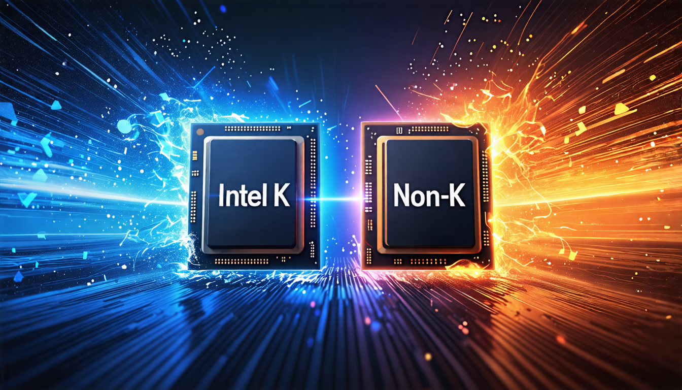 Create an image showcasing two futuristic, sleek-looking computer processors side by side, labeled Intel K and Intel Non-K. The processors are artistically designed to appear as if they're in a compet