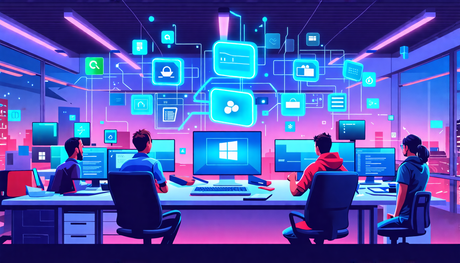 Create an image capturing the essence of innovation and anticipation surrounding the Microsoft Store October 2024 update. Showcase a futuristic and sleek Windows Insider workstation, complete with mul