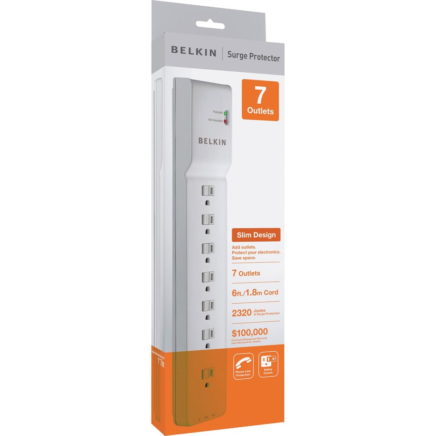 Belkin 7-Outlet Surge Protector - 6ft Cord - Right Angle Plug - 2320J - Telephone Protection - White