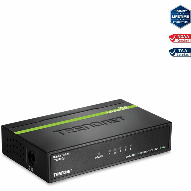 TRENDnet 5-Port Unmanaged Gigabit GREENnet Desktop Metal Switch, Ethernet-Network Switch, 5 x Gigabit Ports, Fanless, 10 Gbps Switching Fabric, Lifetime Protection, Black, TEG-S50g